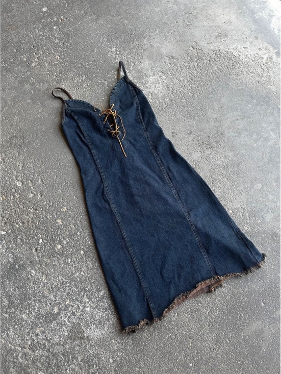 Vintage Dresses & Skirts - Vintage 90's Denim Lace-Up Mini Slip Dress